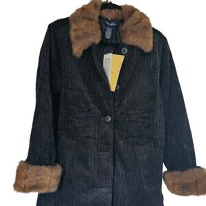 NWT Denim & Co Penny Lane Style Black Corduroy Coat Faux Fur Sz XS